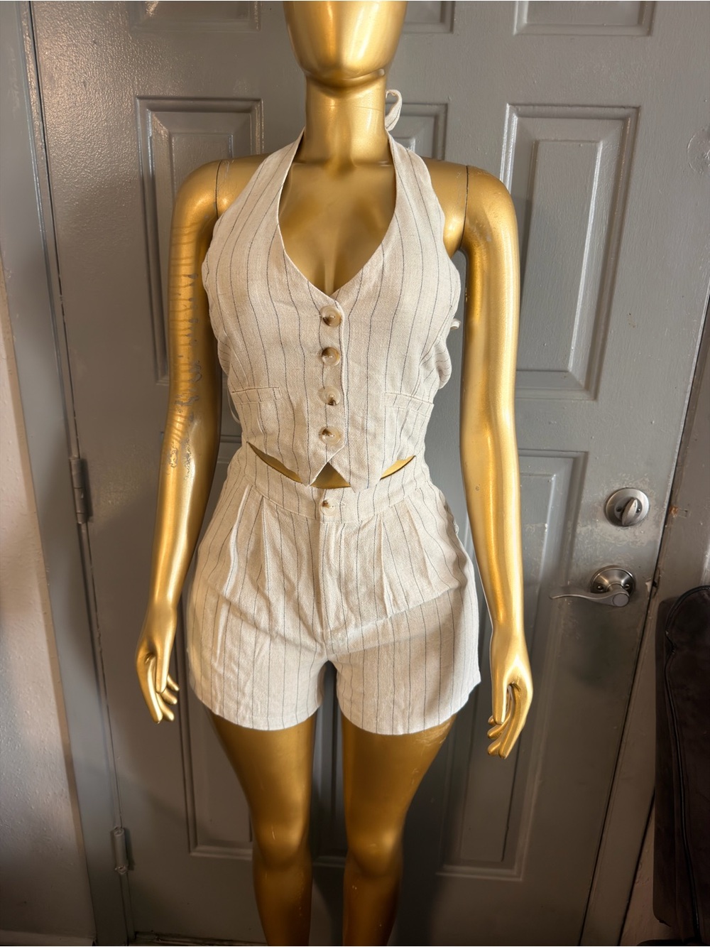 JULIA by Lovely Cream Striped Halter Top - Picture 3 of 7